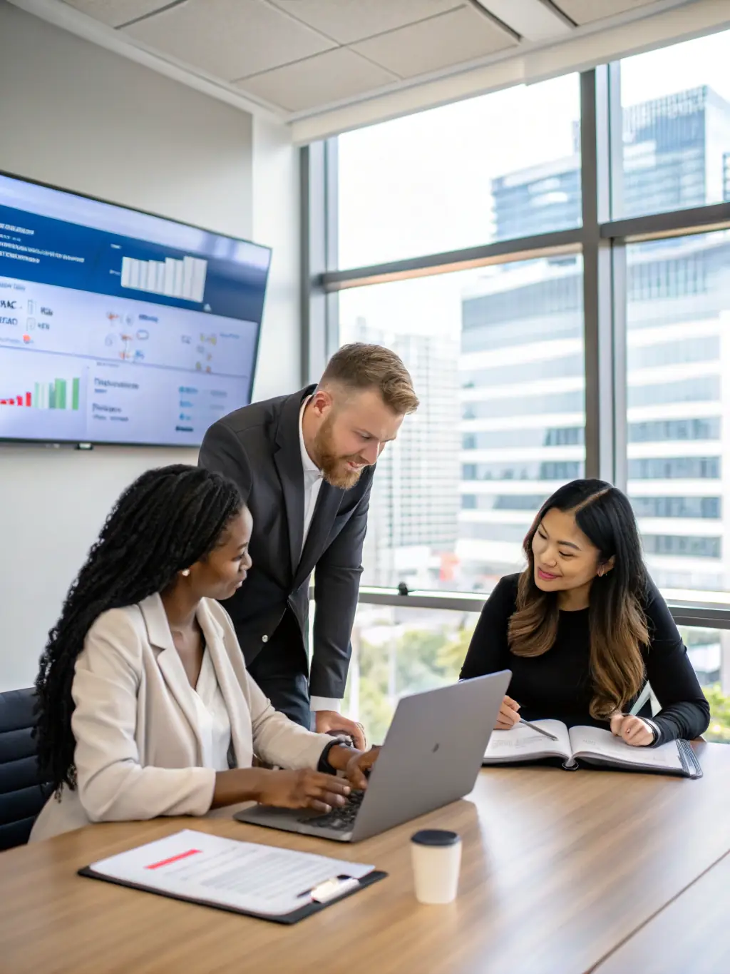 A group of diverse employees smiling and engaged in a presentation about their company's benefits package, set in a modern office environment.