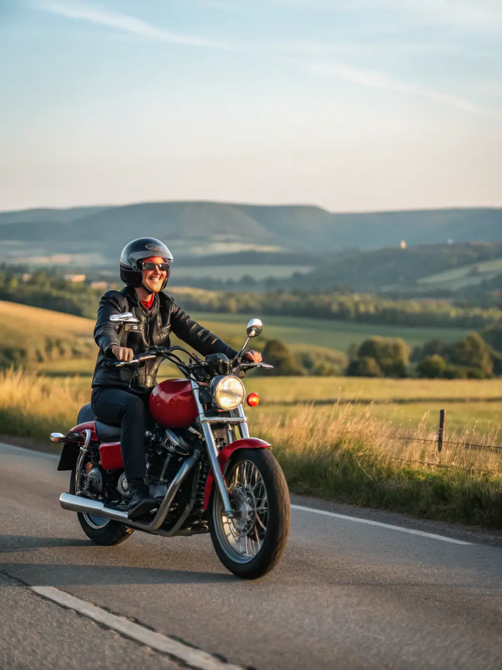 A person riding a motorcycle on a sunny road, representing motorcycle insurance coverage.