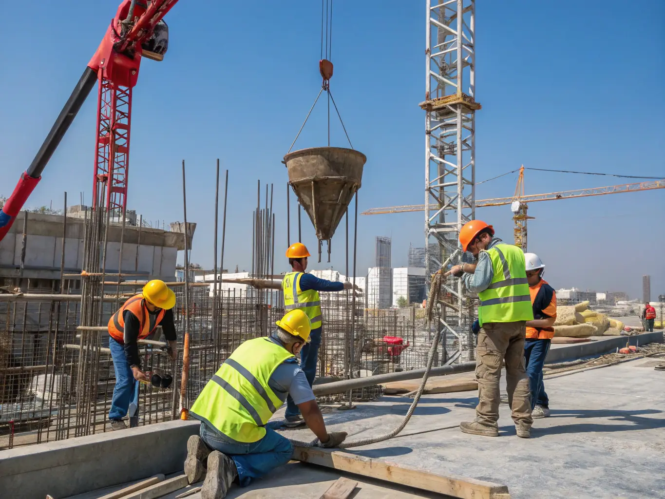 A construction site with workers wearing safety gear, representing the importance of workers' compensation insurance.