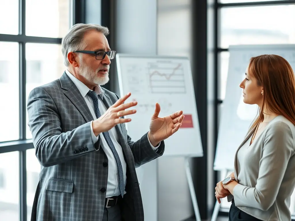 A professional consultant from IEI Brokers is shown advising a business owner on the best general liability insurance options for their company, with documents and a laptop on the table.
