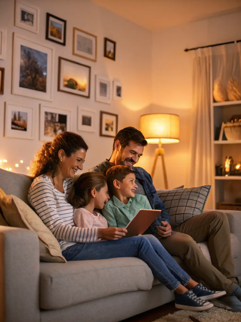 A cozy home interior with a family smiling, representing the security of homeowners insurance.